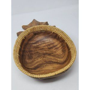 Vntg Wooden Pineapple Catch All Bowl Dish Wooden Trinket Bowl With WovenCane Top